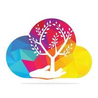 Hand tree and cloud logo design. Natural products logo. Cosmetics icon. Spa logo. Beauty salon or yoga logo. vector