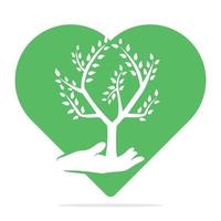 árbol de amor en el diseño del logotipo del vector de la mano. logotipo de productos de corazón natural. icono de cosméticos. logotipo de balneario.