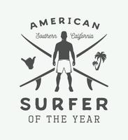 Vintage surfing logo, emblem, badge, label, mark. International surfing 2016 day card. Graphic art. Vector Illustration.