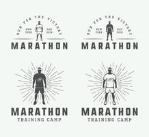 Set of vintage marathon or run logo, emblem, badge, poster, print or label. Vector Illustration.