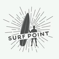 Vintage surfing logo, emblem, poster, label or print with surfer and surfing board in retro style. vector