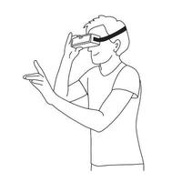 Vector illustration of a person holding virtual reality glasses. VR technology black and white drawing of man in digital Metaverse. minimalist simple character