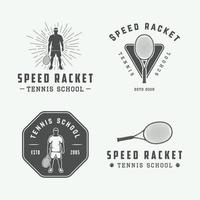 conjunto de logotipos, emblemas, insignias, etiquetas y elementos de diseño de tenis antiguos. ilustración vectorial arte gráfico monocromático. vector
