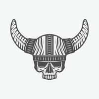 Vintage skull in viking helm in retro style. Monochrome Graphic Art. Vector Illustration.