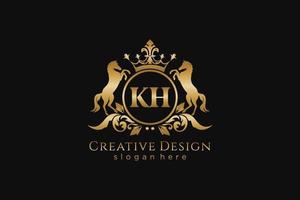 initial KH Retro golden crest with circle and two horses, badge template with scrolls and royal crown - perfect for luxurious branding projects vector