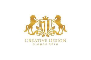 initial MI Retro golden crest with shield and two horses, badge template with scrolls and royal crown - perfect for luxurious branding projects vector