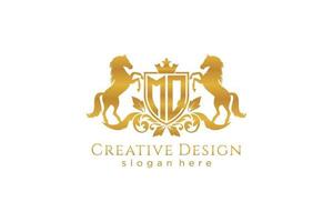 initial MQ Retro golden crest with shield and two horses, badge template with scrolls and royal crown - perfect for luxurious branding projects vector