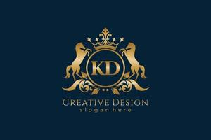cresta dorada retro kd inicial con círculo y dos caballos, plantilla de insignia con pergaminos y corona real - perfecto para proyectos de marca de lujo vector