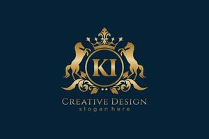 initial KI Retro golden crest with circle and two horses, badge template with scrolls and royal crown - perfect for luxurious branding projects vector