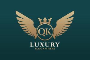 Luxury royal wing Letter QK crest Gold color Logo vector, Victory logo, crest logo, wing logo, vector logo template.