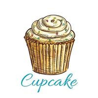 Cupcake isolated sketch with cream and sprinkles vector