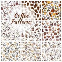 Coffee beans, cups, mills vector seamless patterns