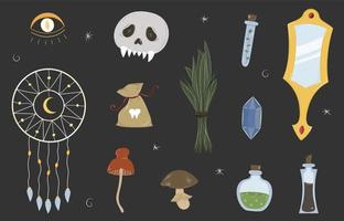 Set of witchcraft isolated doodles. Halloween stickers hand drawn skull, mirror, mushrooms, potions, dream catcher. Vector magical witch illustration