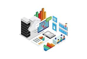 ilustración de tecnología de procesamiento de base de datos de nube inteligente isométrica moderna en fondo blanco aislado con personas y activos digitales relacionados vector