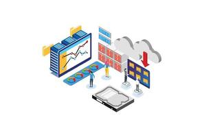 ilustración de tecnología de procesamiento de base de datos de nube inteligente isométrica moderna en fondo blanco aislado con personas y activos digitales relacionados vector