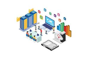 ilustración de tecnología de procesamiento de base de datos de nube inteligente isométrica moderna en fondo blanco aislado con personas y activos digitales relacionados vector