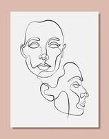 Vector poster with illustration of women s line art face. Modern one line drawing with pastel colors. Sisterhood and Feminism. Illustration for web and print.