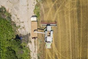 Combine harvester uploads harvest grains to dump truck. Harvesting season. Agriculture scene. photo