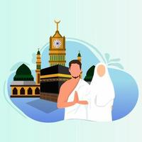 husband and wife perform the pilgrimage with the background of the Kaaba vector