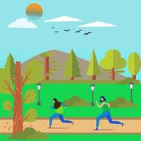 gente haciendo ejercicio con fondo de jardín público. imagen de un jardín natural con farola de parque y árboles de arbustos en el fondo. ilustración plana verktor vector