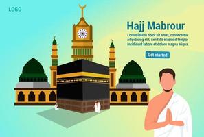Graphics vector illustration of Hajj and Umrah prayers near the Kaaba Vector template. colorful background of mosque minarets