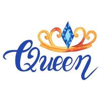 The inscription of Queen is handwritten in blue color. Beautiful, fashionable capital letter font. vector