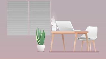 café caliente en la oficina minimalista, estilo de animación 2d
