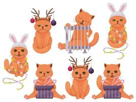 Collection of winter cats. Merry Christmas illustrations of cute cats with accessories. Set of isolated objects on white background. Vector illustration. Cartoon style.