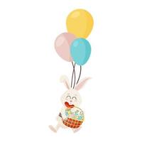 Bunny Character. Flying and Laughing on Three Balloons Funny, Happy Easter Cartoon Rabbit with Egg's Basket vector