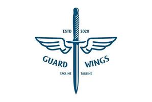 Vintage Sword Blade Dagger with Wings for Angel Tattoo Military or Guard Logo Design Vector