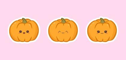 Set of cute stickers pumpkins with funny face. Collection of halloween pumpkins in kawaii style. Vector Illustration