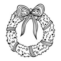 Vector doodle Christmas wreath. New Year black and white vector illustration. Hand drawn Christmas clipart. Winter celebration.