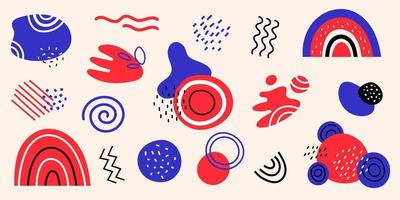 Vector abstract shapes. Set with geometric shapes and dots. Rainbows and blobs. Lines, circles blots, and zigzags. Collection in red and blue colors.