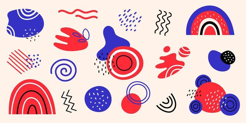 Vector abstract shapes. Set with geometric shapes and dots. Rainbows and blobs. Lines, circles blots, and zigzags. Collection in red and blue colors.