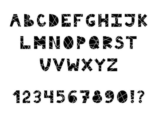 Black and white alphabet with lines. Striped font with letters, numbers and punctuation marks. Latin alphabet.