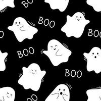 Vector halloween pattern with cute ghosts. Flying spirits and word boo. White phantoms on black background. Doodle ghosts. Seamless pattern.