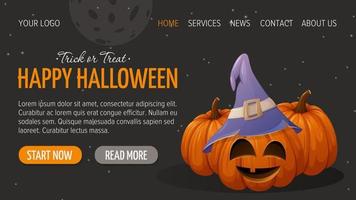 Cute pumpkins with funny face and witch hat. Happy Halloween. Horizontal template for website interface, dark background. Vector illustration. For banner, store, sale