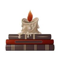 Burning wax candle on witch books. Cartoon vector illustration. Item for divination, spell, halloween