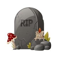 A tombstone with the inscription RIP, a fly agaric and a burning candle. The memory of the dead. Cartoon vector illustration for Halloween.