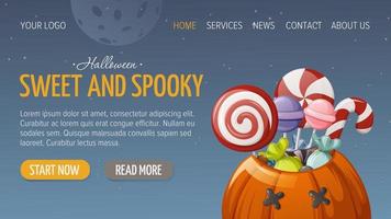 Cute pumpkin with sweets, candies, lollipops. Happy Halloween. Horizontal template for website interface, night star sky background. Vector illustration. For store, sale