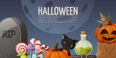 Halloween background. Tombstone, sweets in a bowl, pumpkins, a black cat, potion with witch books. Vector horizontal illustration with space for text. For banner, poster, flyer, website interface