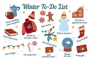 Winter to-do list with cute pictures. Vector graphics.