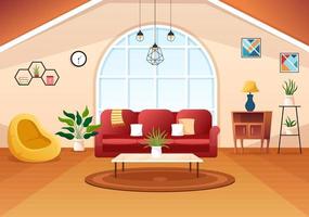 plantilla de decoración del hogar ilustración de dibujos animados dibujados a mano el conjunto de muebles e interior de la sala de estar en un diseño de estilo plano vector