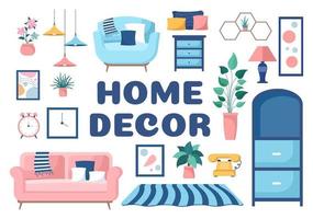 plantilla de decoración del hogar ilustración de dibujos animados dibujados a mano el conjunto de muebles e interior de la sala de estar en un diseño de estilo plano vector