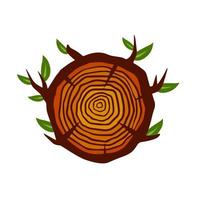 tronco de árbol cortado. sección transversal del tocón. patrón circular concéntrico en madera marrón. maderero e icono de la industria de la carpintería. rama con hojas vector