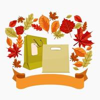 Editable Shopping Bags and Ribbon With Various Leaves Vector Illustration for Thanksgiving and  Autumn Seasonal Marketing Concept