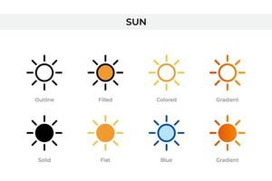 icono del sol en un estilo diferente. iconos de vector de sol diseñados en contorno, sólido, coloreado, relleno, degradado y estilo plano. símbolo, ilustración de logotipo. ilustración vectorial