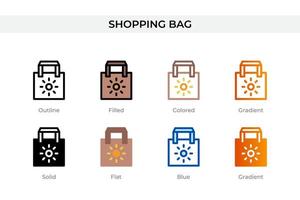 ícono de bolsa de compras en un estilo diferente. iconos de vector de bolsa de compras diseñados en contorno, sólido, coloreado, relleno, degradado y estilo plano. símbolo, ilustración de logotipo. ilustración vectorial