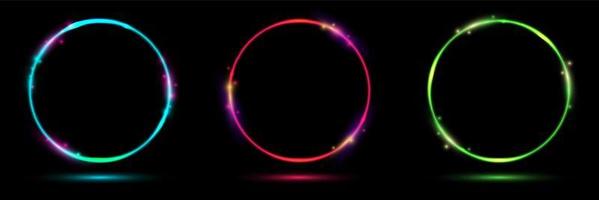 Set of glowing neon color circles round curve shape with lighting effect isolated on black background technology concept vector