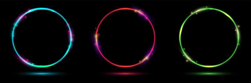 Set of glowing neon color circles round curve shape with lighting effect isolated on black background technology concept